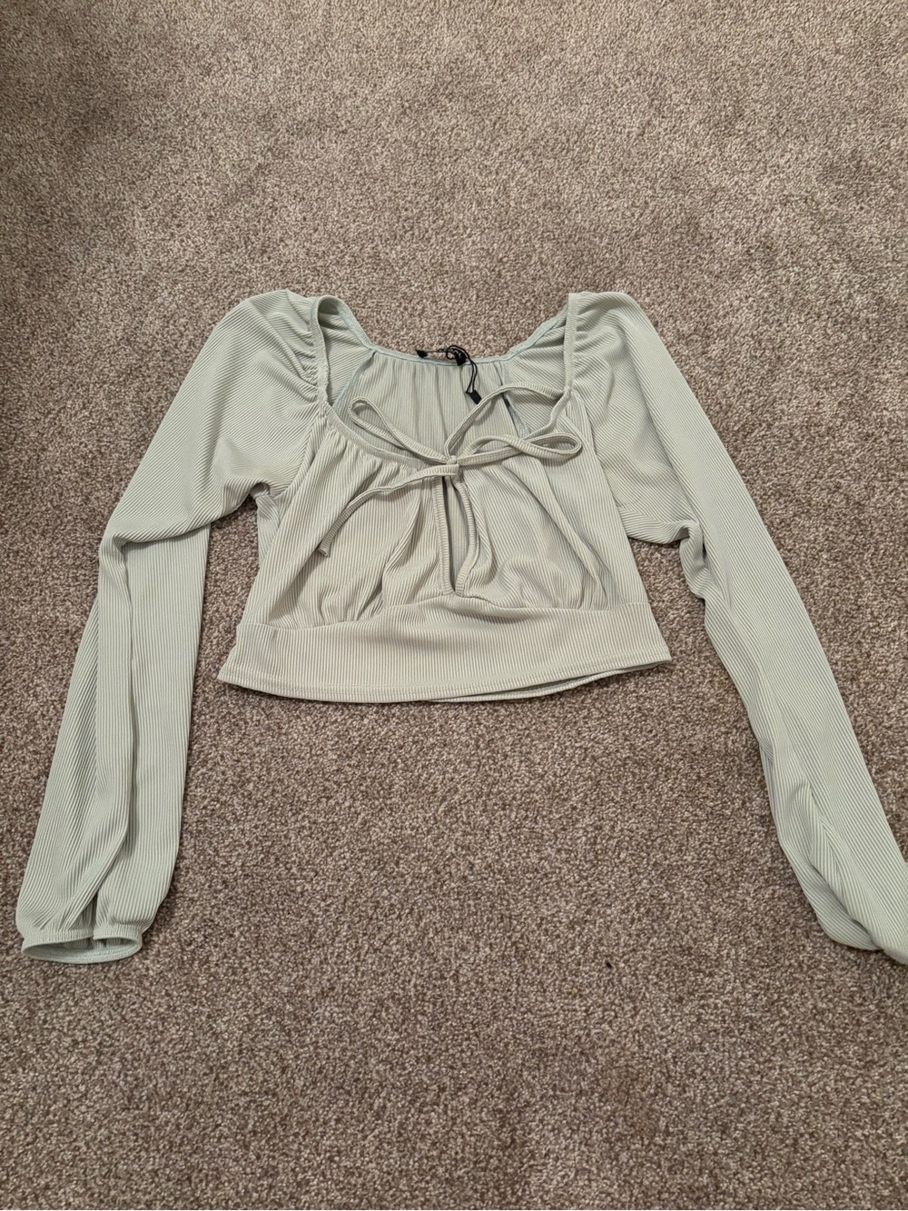 Princess Polly Ribbed Tie-Front Long Sleeve Crop Top - Sage